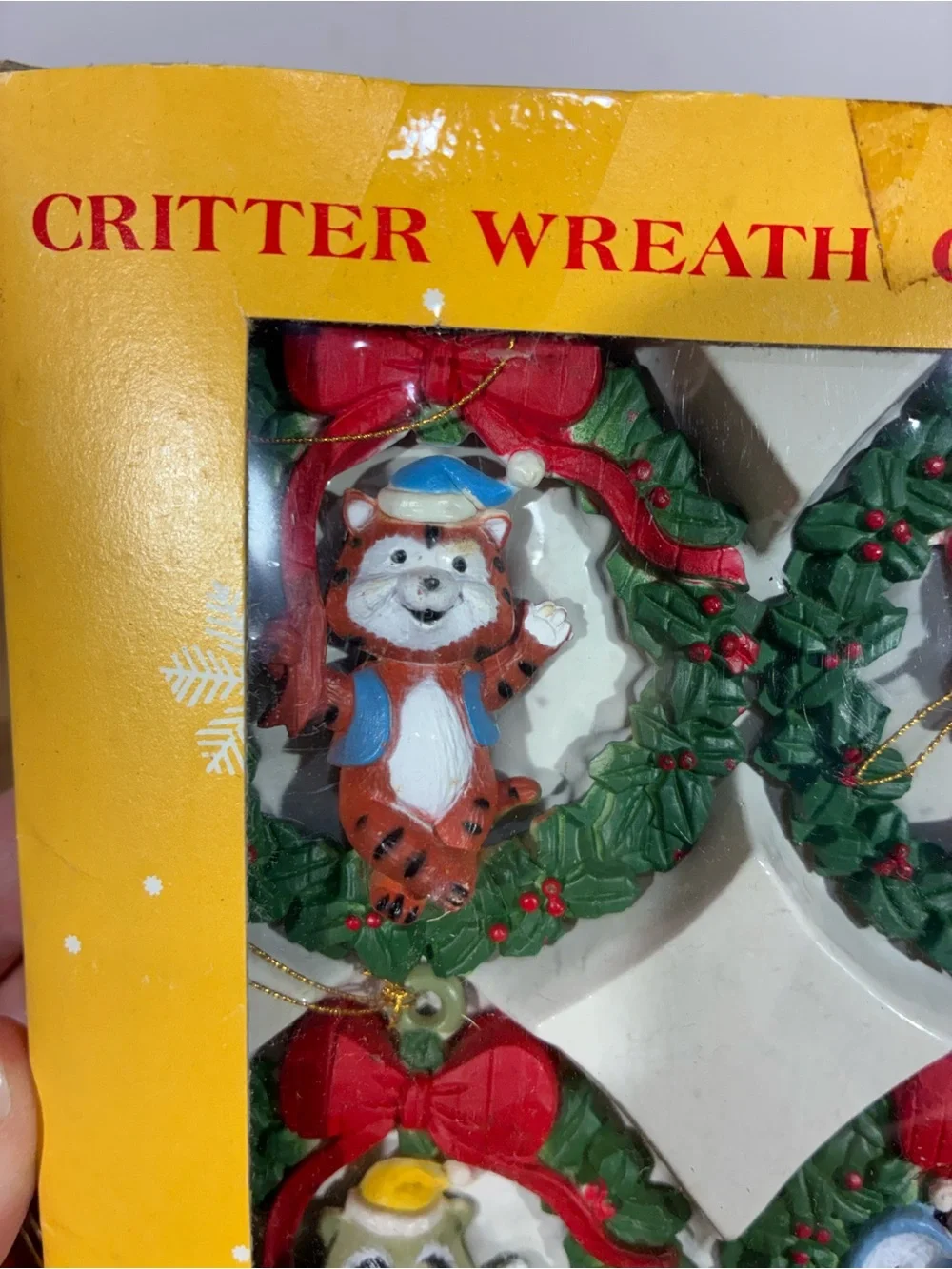 Vintage Critter Wreath Ornaments Set 4 Hand Painted Resin Christmas #54-060
